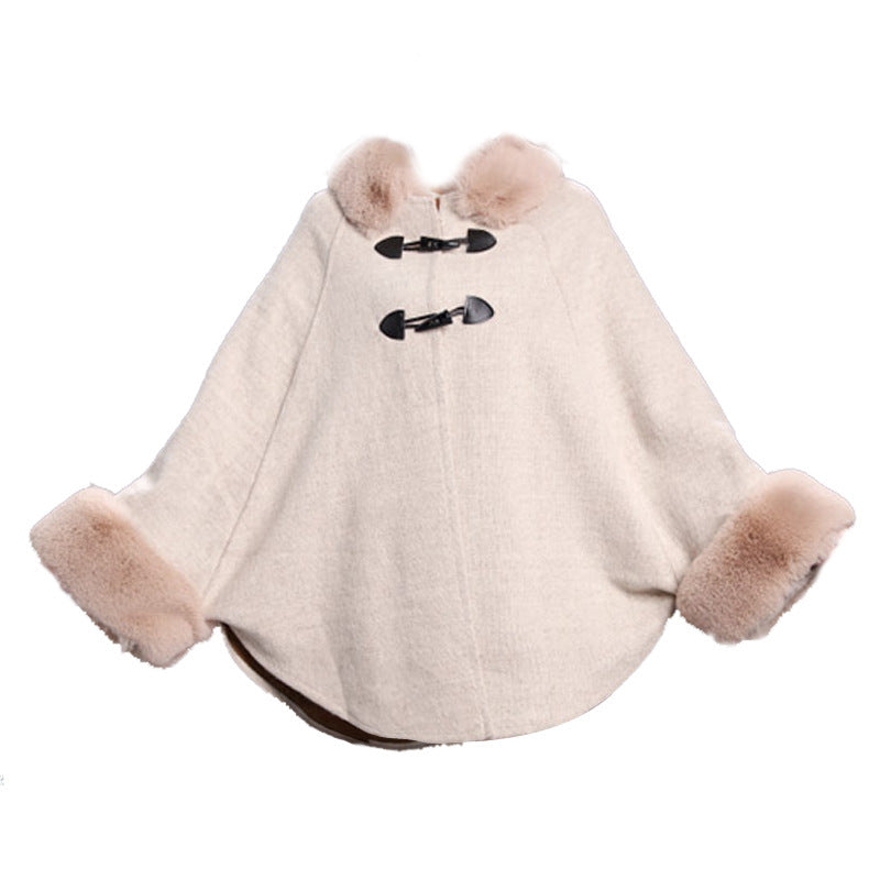 Europese wollen cape met imitatiebontkraag dubbele PU-leren sluiting