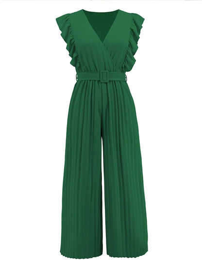 Geplooide jumpsuit met ceintuur en korte ruches mouwen