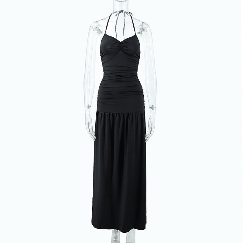 Hanging neck slim fit exposed backpack hip side slit jumpsuit long skirt
