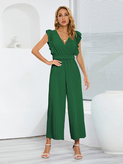 Geplooide jumpsuit met ceintuur en korte ruches mouwen