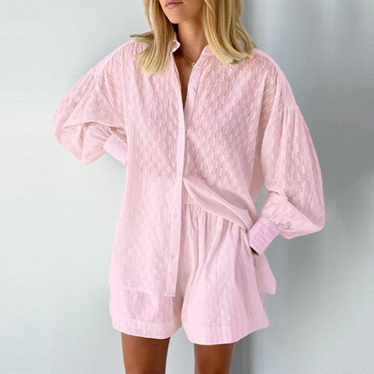 Women's Jacquard Puff Sleeve Shirt and Shorts Set