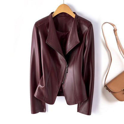 Womens PU Leather Biker Jacket Slim Fit Lapel Zipper