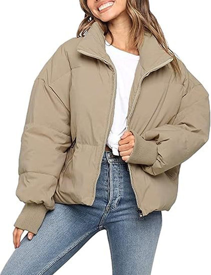 Womens Short Puffer Cotton Jacket Loose Fit Solid Color