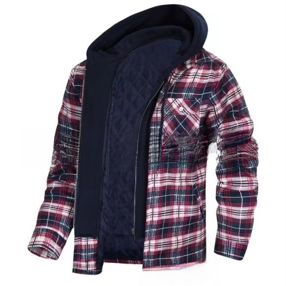 Autumn and Winter Cotton Outwear Plaid Long-Sleeved Loose Hooded Jacket