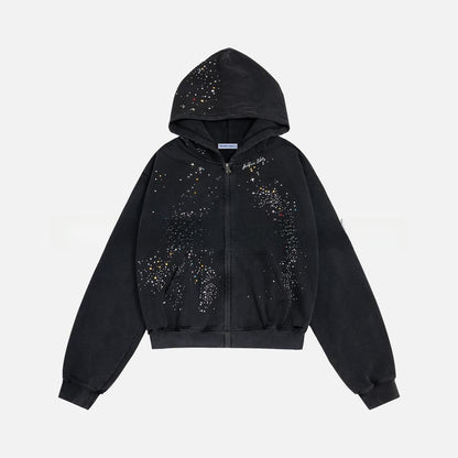 Rhinestone Hooded Sweatshirt Retro Washed Unisex