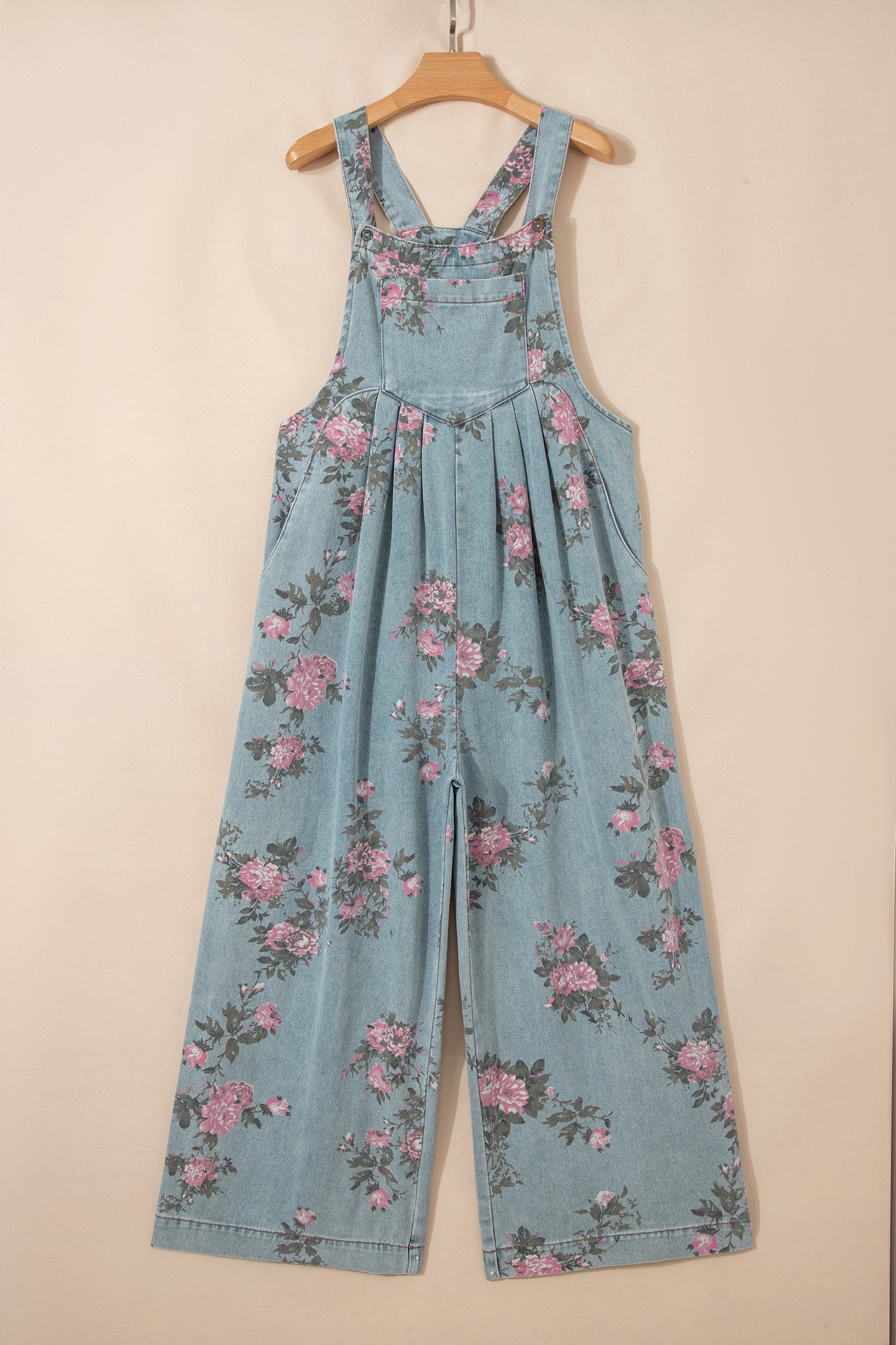 Jumpsuit van denim met bloemenprint zakken geplooide details hoge taille en wijde pijpen