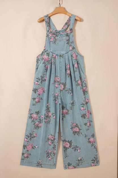 Jumpsuit van denim met bloemenprint zakken geplooide details hoge taille en wijde pijpen