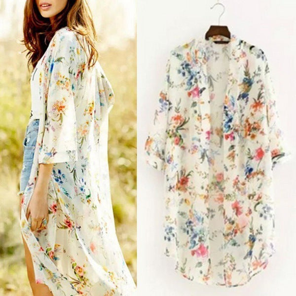 Zomerse lange chiffon kimono cardigan met print Amerikaans