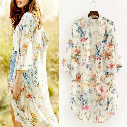 Zomerse lange chiffon kimono cardigan met print Amerikaans