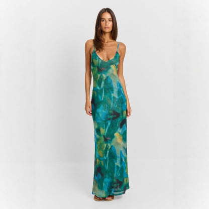 Maxi-jurk met abstracte print U-hals open rug en fishtail-zoom in kleine maten verkrijgbaar