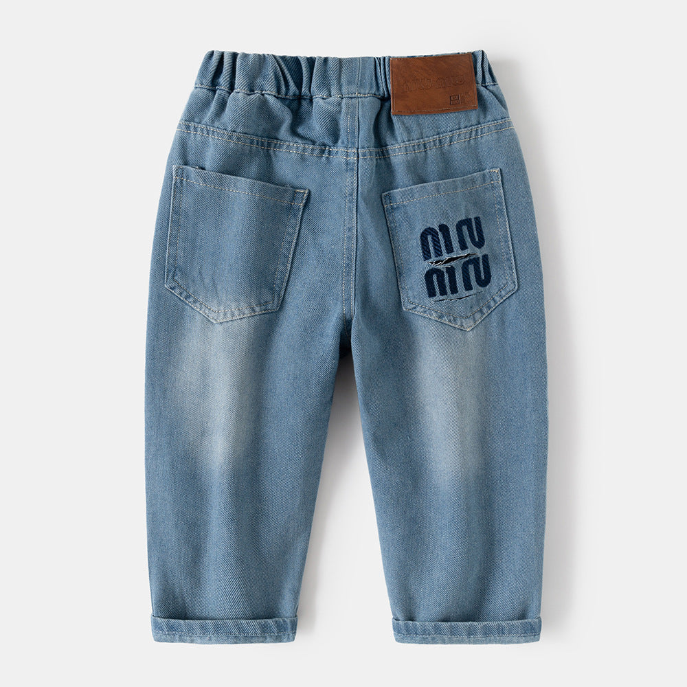 Casual kinderjeans voor jongens middellange broek met achterzak