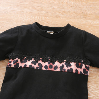 Meisjes Stiksels Lange mouwen T-shirt Luipaardprint Uitlopende Broek Set