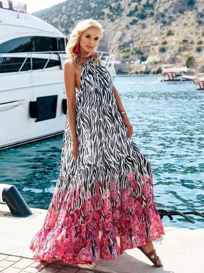 Casual Printed Loose Large Hem Dress Sexy Sleeveless Lady Beach Maxi Dress Summer Fashion Elegant Boho Dresses
