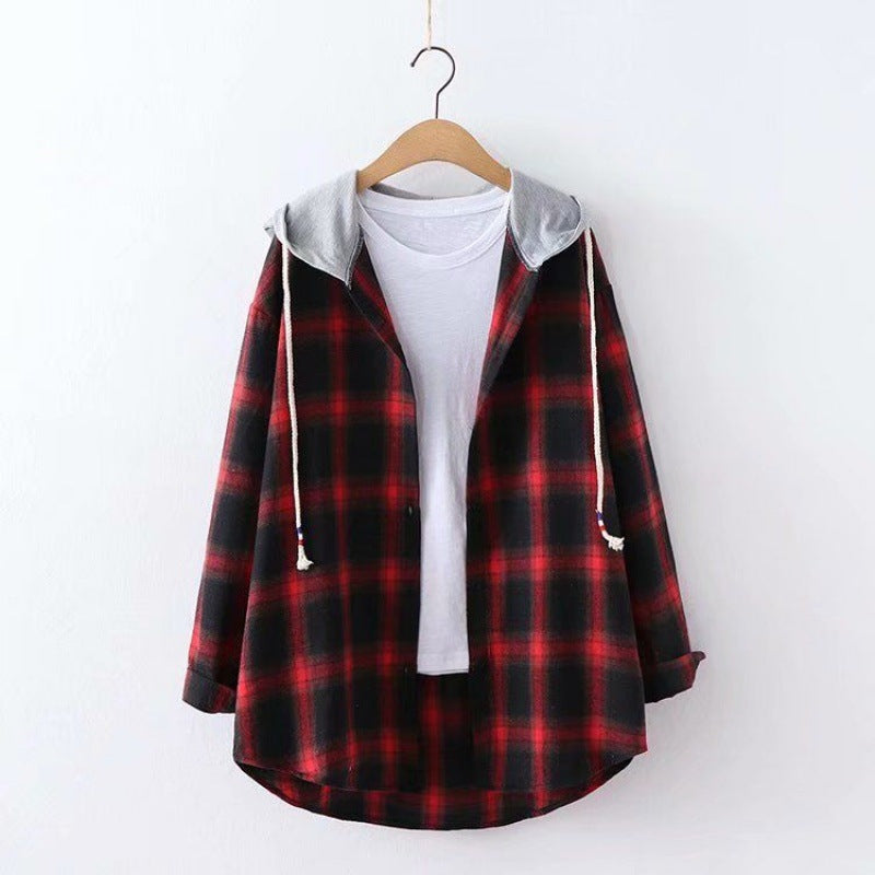 2025 women's new Korean style hooded bf loose plaid long sleeve blouse Harajuku students shirt coat