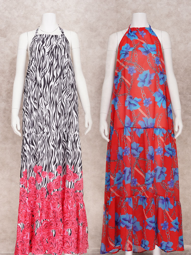 Casual Printed Loose Large Hem Dress Sexy Sleeveless Lady Beach Maxi Dress Summer Fashion Elegant Boho Dresses
