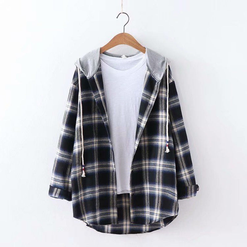 2025 women's new Korean style hooded bf loose plaid long sleeve blouse Harajuku students shirt coat