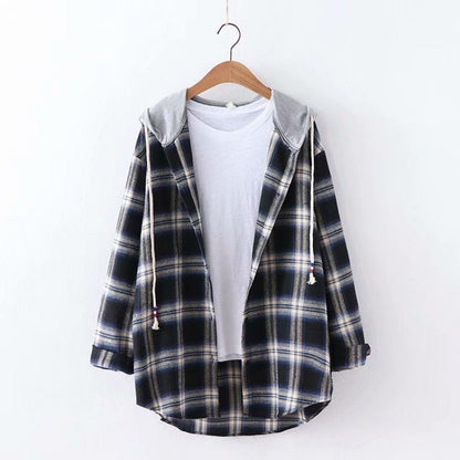 2025 women's new Korean style hooded bf loose plaid long sleeve blouse Harajuku students shirt coat
