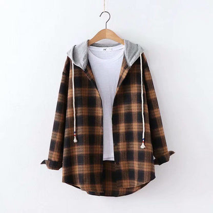 2025 women's new Korean style hooded bf loose plaid long sleeve blouse Harajuku students shirt coat
