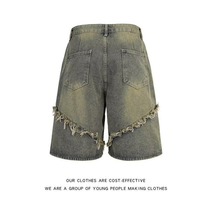 Tassel washed denim summer retro high-end five quarter pants