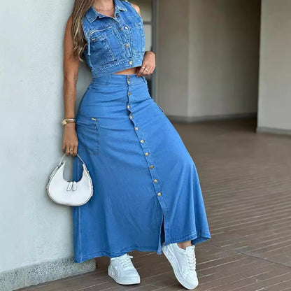 Women's High-Waisted Midi Skirt Fashion Single-Row Button Front Slit Large Pocket Denim Skirt