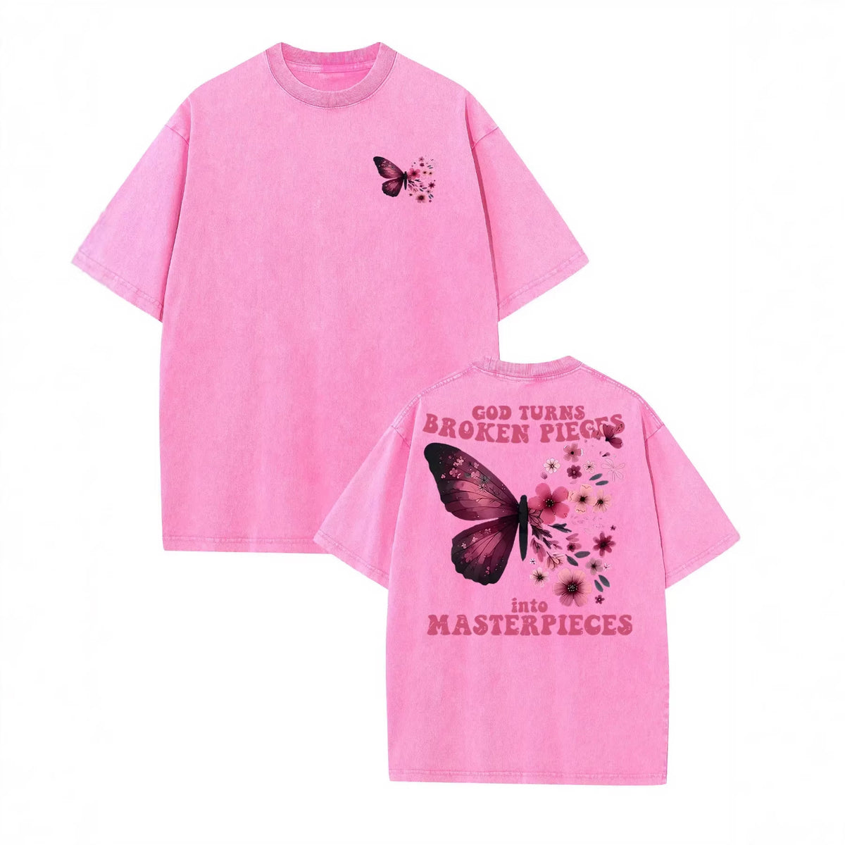 Vintage Washed Cotton T-Shirt with Butterfly Print