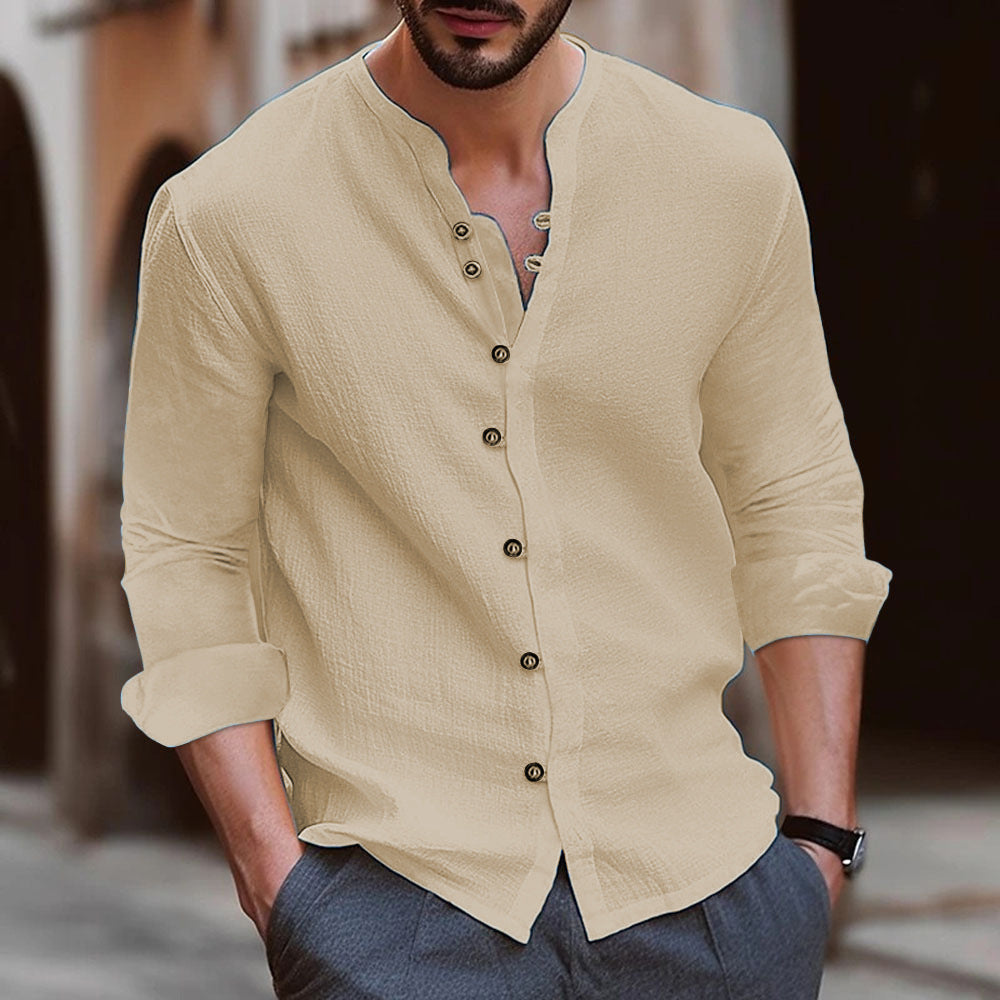 Men's retro cotton and linen casual loose long sleeved shirt