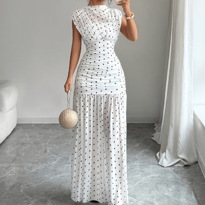 Fashionable Polka Dot Pleated Fitted Elegant Sleeveless Long Dress for Women
