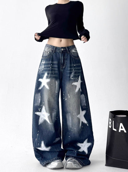 Retro Star Graffiti Wide Leg Jeans