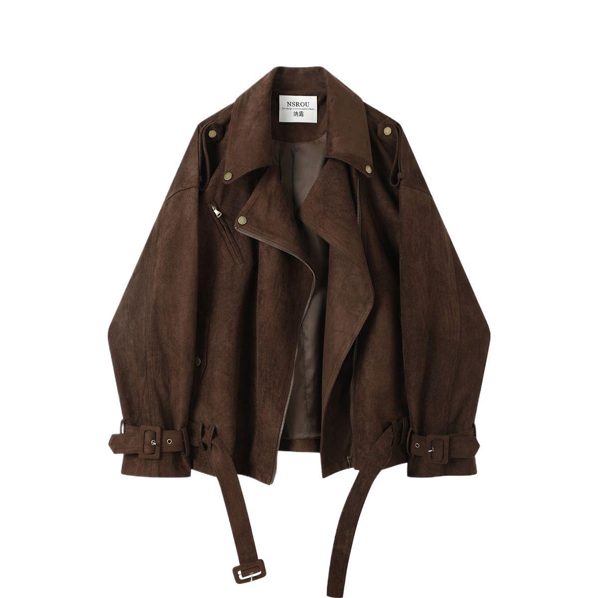 Vintage Suede Fleece-Lined Short Leather Jacket for Women