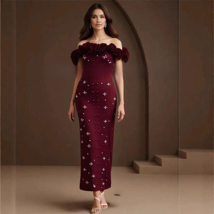 Pearl Embellished One-Shoulder Bandage Dress