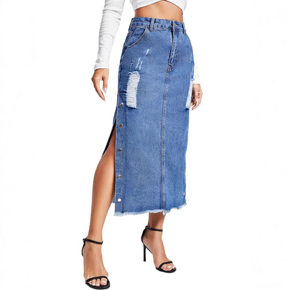 Amerikaanse dames split met knopen gescheurde denim rok