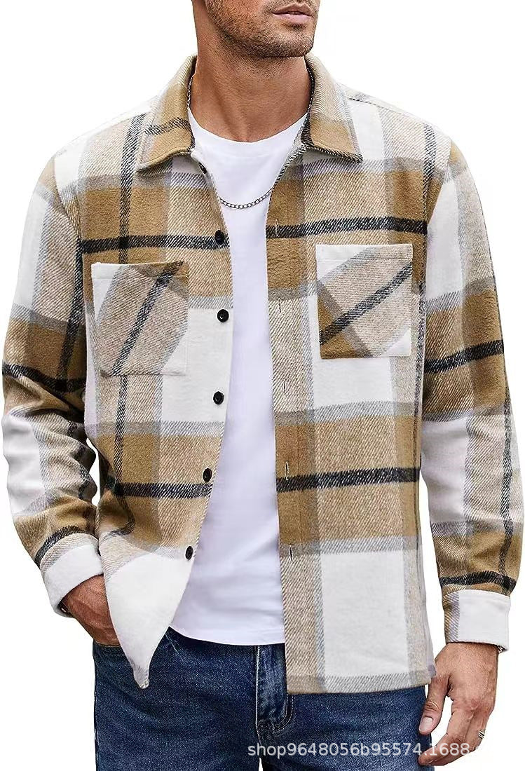 High-end Warm Plaid Men's Thickened Shirt Jacket for Autumn and Winter