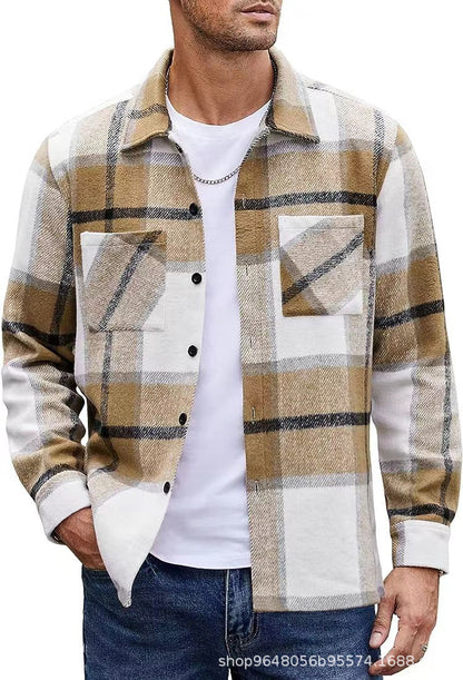 High-end Warm Plaid Men's Thickened Shirt Jacket for Autumn and Winter