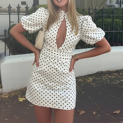 Elegant Polka Dot Dress with Stand Collar and Hollow Design for Women