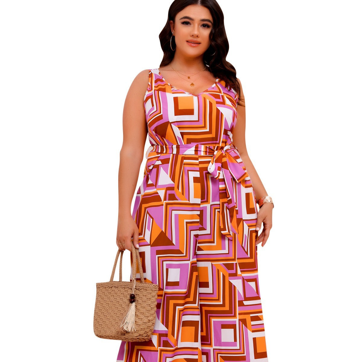 Plus size jumpsuit met digitale print  losse pasvorm en ceintuur