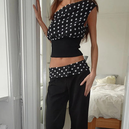 Polka Dots Schuine Schouder Top Met Vetersluiting Of Als Set Met Broek