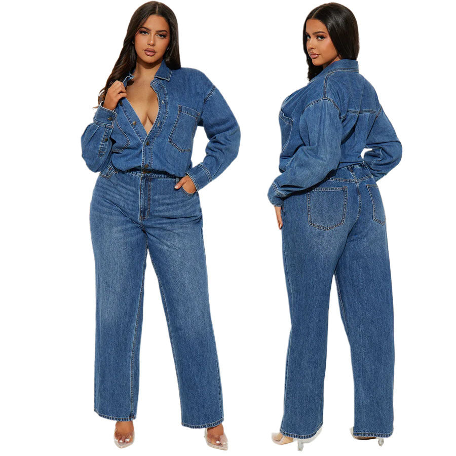 Slim fit elastic loose long sleeved denim jumpsuit