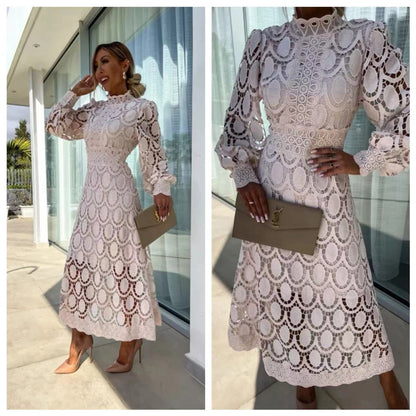 French Style Lace Collar Puff Sleeve Long Dress