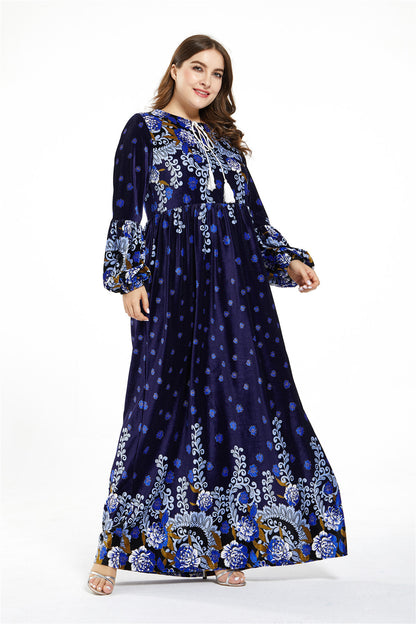 Bedrukte fluwelen maxi-jurk