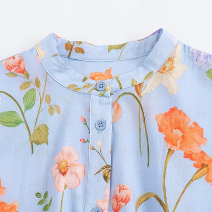 European and American summer new style round neck short sleeved blue printed waistband dress for women