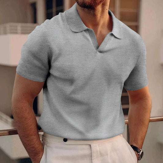 Heren zomer poloshirt met V-hals revers korte mouwen en zware wafelstructuur