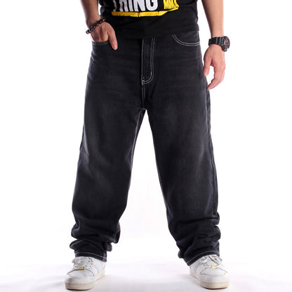 European and American street trends black washed jeans men's hip hop hip hop loose plus size plus size youth trousers