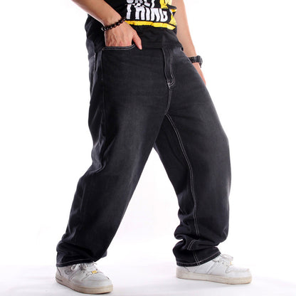 European and American street trends black washed jeans men's hip hop hip hop loose plus size plus size youth trousers