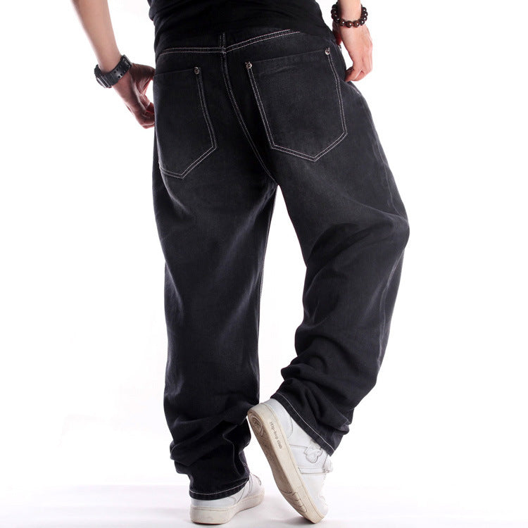 European and American street trends black washed jeans men's hip hop hip hop loose plus size plus size youth trousers