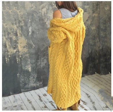 Gebreide lange vest met capuchon en zakken