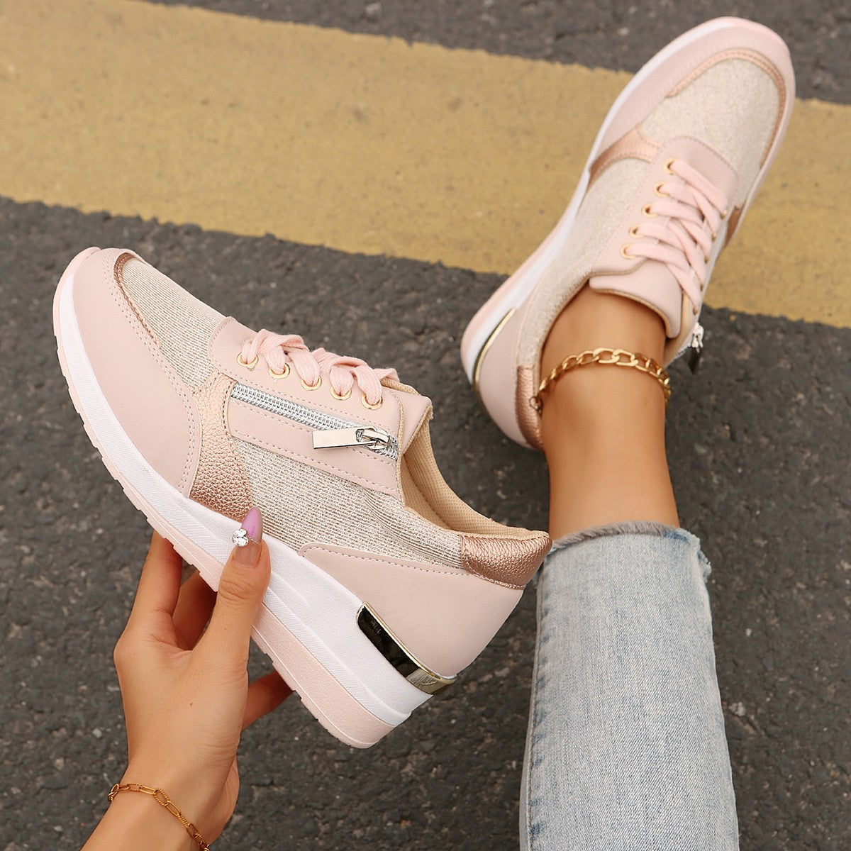 Spring and autumn new foreign trade plus size ladies slope heel Europe and the United States front lace side zipper casual sports shoes wholesale