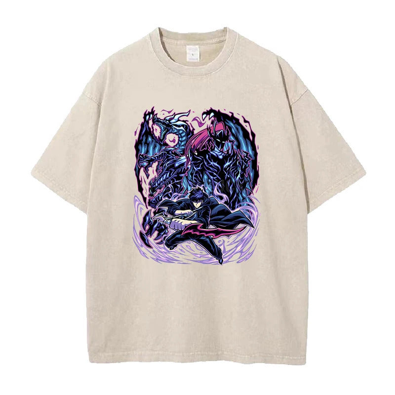 Summer New Anime Solo Leveling Printed T-Shirt Summer Cotton Washed Vintage Short Sleeve