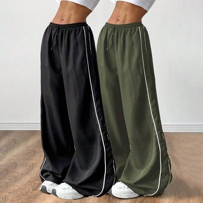 European and American casual loose waist side contrasting wide leg pants