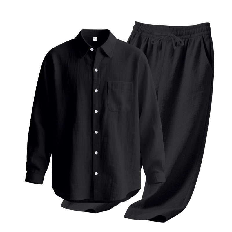 Linen solid color lapel buckle casual long sleeved pants men's suit