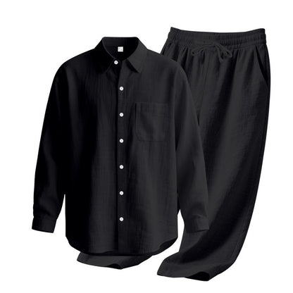 Linen solid color lapel buckle casual long sleeved pants men's suit